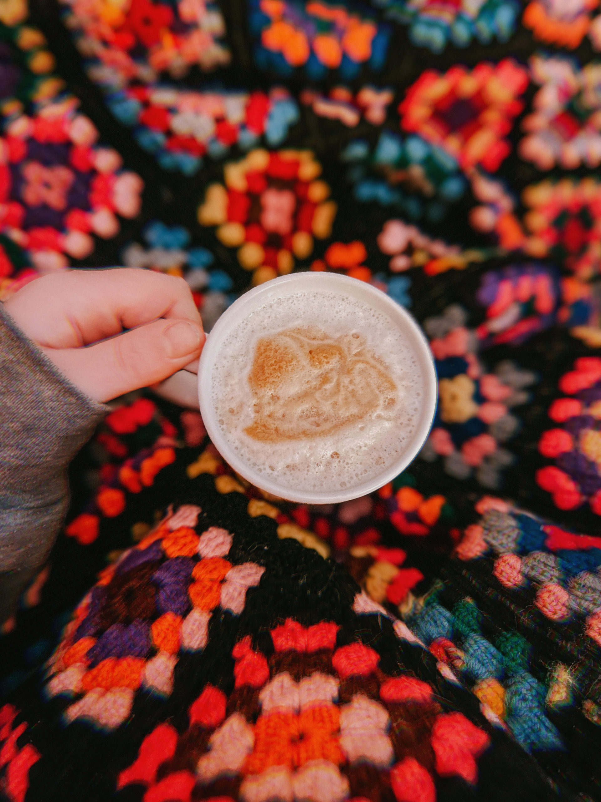 A cup of coffee on a colorful granny square afghan. Currently at Anna Gutermuth Photography.