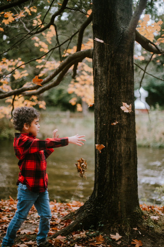 Little boy throwing leaves in the air during a family session at the pumpkin patch.