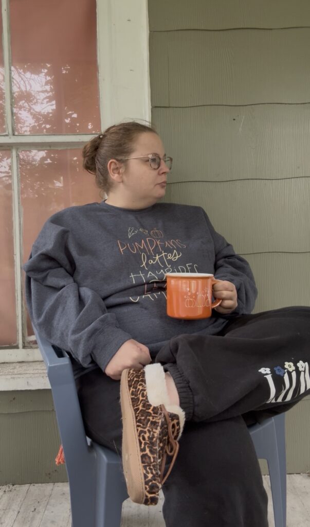 Currently: sitting on the porch drinking coffee in a new Rachel Allene fall sweatshirt